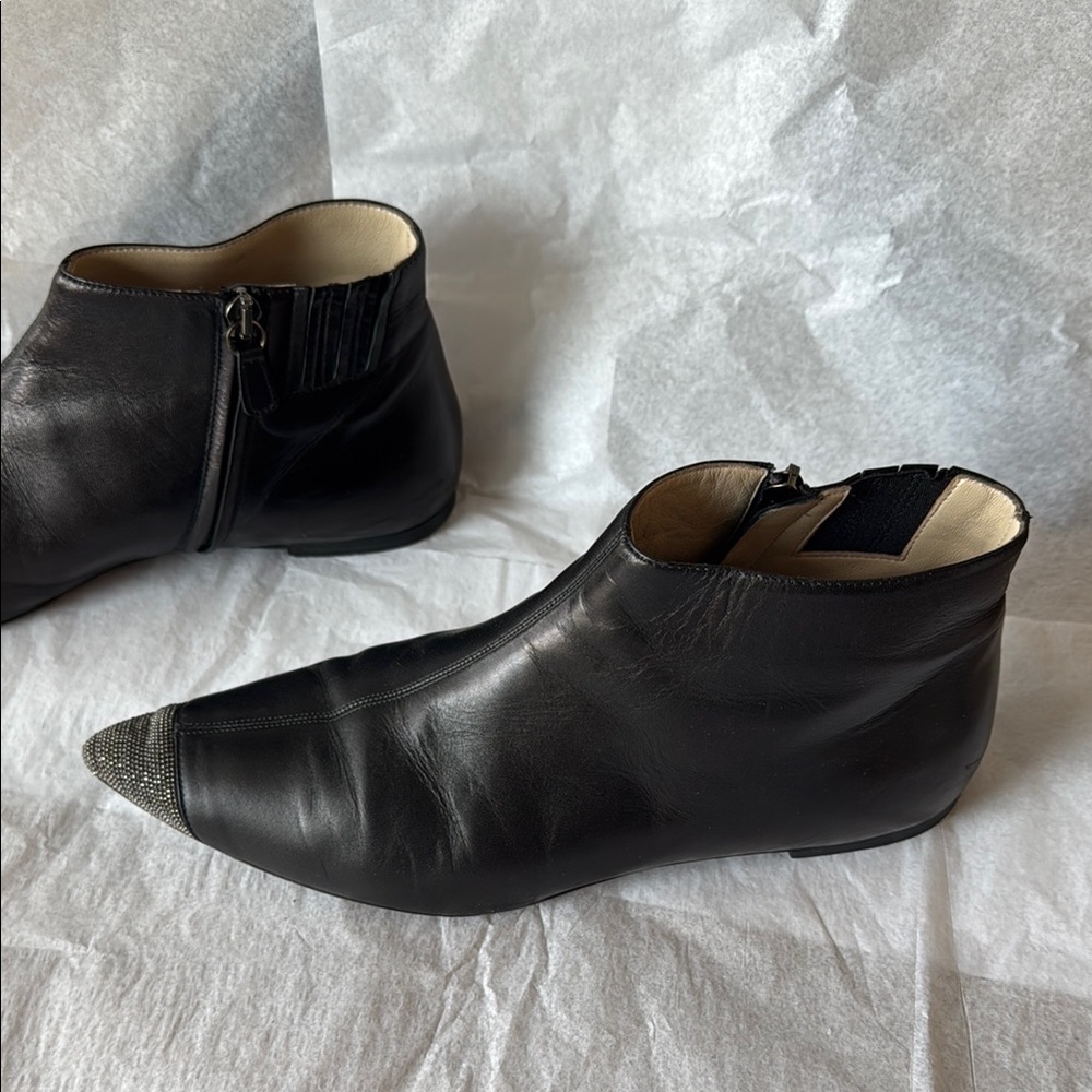 Black Leather Ankle Boots with Silver Toe Cap